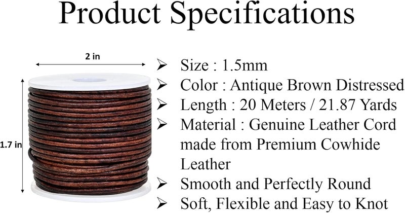 GENIQUE Real/Genuine Round Leather Cord for Jewelry Making, Leather String for Necklace, Bracelets, Braiding (1.5mm, Antique Brown Distressed) - Image 3